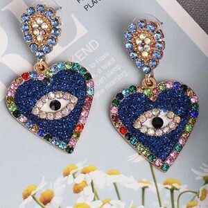 All Seeing Eye heart rhinestone heart encrusted dangle earrings NWT